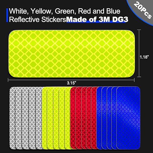 20 Pcs Super Reflection Reflective Stickers Made of 3M DG3, Safety Reflective Tape for Car Bike Mailbox Helmet, White Yellow-Green Red Blue Reflective Tape Outdoor Waterproof 3.15" X 1.18"