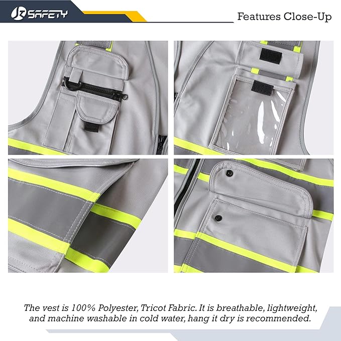 JKSafety 9 Pockets Hi-Vis Fluorescent Color Zipper Front Safety Vest with Neon Color Extended Yellow Trims for Men and Women Work Safety Utility (901-Grey XL)
