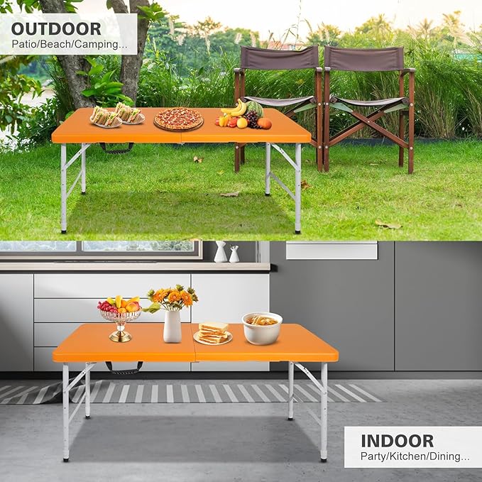 Portable 4Ft Adjustable Height Plastic Folding Table, Heavy Duty Fold-in-Half Table with Carrying Handle, Small Utility Foldable Table for Picnic Party Camping BBQ, Indoor/Outdoor (Orange)
