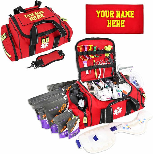 Lightning X Custom Embroidered Trauma Kit & Large EMT Bag w/ 250+ First Aid Supplies & Customized Name Patch | Red