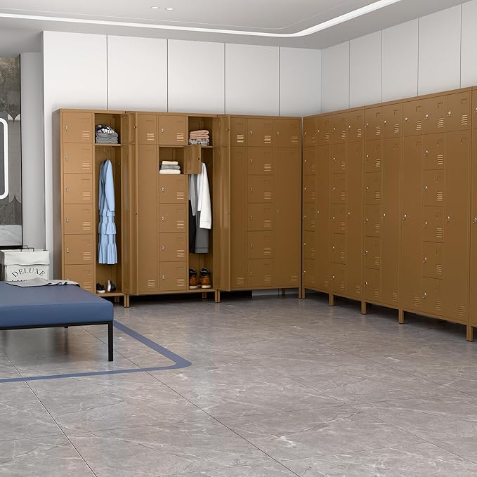 Metal Lockers for Employees with 10 Doors, 72" H Steel Lockable Storage Lockers with 6 Hooks and 10 Card Holder for Office, Home, Gym, School, Employees, Khaki