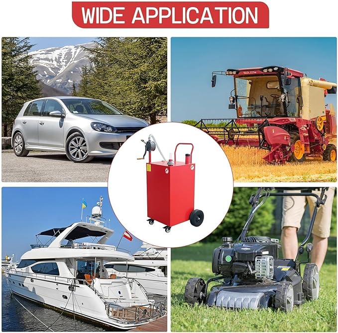 50 Gallon Fuel Caddy With Wheels - Heavy Duty Steel Gas Can With Hand Pump - Portable Fuel Transfer Tank for Gasoline, Diesel, Kerosene - Wide Mouth Design for Construction, Farm, ATV, Generator