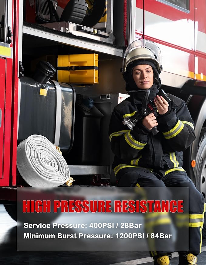 ZYfire Fire Hose - 1-1/2" ID x 50 FT Double Jacket TPU Firefighter Hose with M x F NST/NH Brass Couplings 1200 PSI Burst Pressure Lightweight for Firefighting & Residential Use
