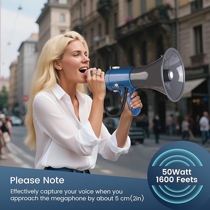 50 Watt Megaphone Bullhorn with Detachable Microphone, 240s Recording and Siren - Perfect for Indoor/Outdoor Sporting Events and Crowd Control