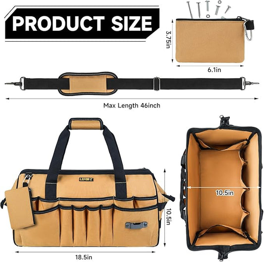 18.5-Inch Tool Bag,43 Pockets Tool Bags for Men,Heavy Duty Tool Box Organizer Storage,Wide Mouth Toolbag Tools Tote Carrying Case for Dad,Mechanic,Electrician,Brown,Bag Only