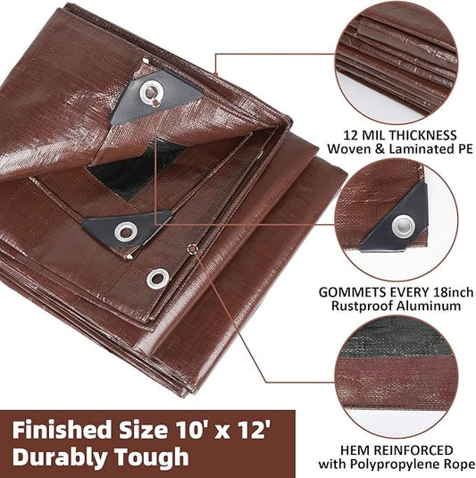 Heavy Duty Double-Sided Waterproof Poly Tarp 10x12 Feet 12mil Thick Polyethylene Tarps, Perfect for Outdoor Use, Plastic Cover & Mat for Tent Camping Storage Boat Bikes Vehicles