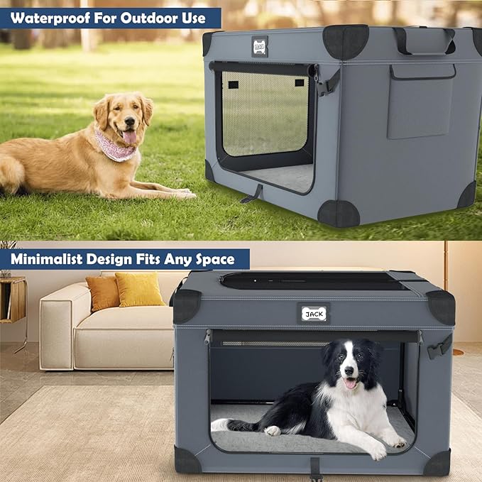 42 Inch Soft Dog Crates, Collapsible Dog Travel Crate for Extra Large Dogs Indoor & Outdoor, 3-Door Foldable Pet Kennel with Mesh Windows, Soft Blanket and Foldable Bowl