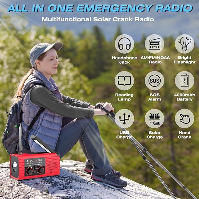 Emergency Weather Radio NOAA AM FM WB with 4000mAh Rechargeable Radio, USB Solar Hand Crank Charging, Flashlight, SOS Alarm, Reading Lamp Portable for Outdoor Indoor Emergencies, 2 Pack
