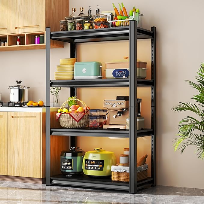 Storage Shelves, Garage Metal Shelving Unit, Adjustable, Double-Layer Column with Reinforced Ribs, Heavy-Duty, Capable of Bearing 600-3600 lbs (Black, 24 * 14 * 59, 4-Tier)