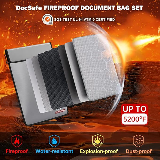 DocSafe Fireproof Document Bag (5200℉) with Fireproof Organizer Travel Case,Heat Insulated Fire&Water Resistant 8 Layers Safe Money Bag Storage for Important Documents,Cash,Power Bank,Valuables,Gray
