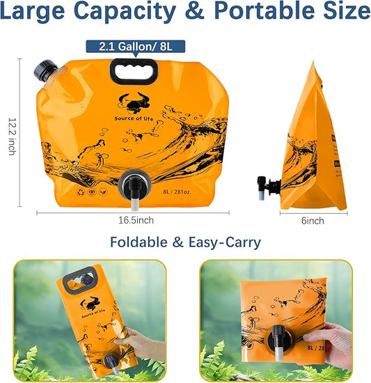 Water Jug Camping 2.1 Gallon Collapsible with Spigot, BPA Free Portable Water Pouch Foldable Water Bags for Outdoor Hiking, Travel and Emergency & Water Storage Containers (Orange-1Pcs)