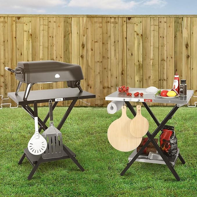 Folding Grill Table with Extra Storage Bottom Shelf, Indoor & Outdoor Prep Table with Garage Rack & Tissue Holder, Pizza Oven Stand for Pizza Oven & Blackstone Griddle, 30" x 24", Black