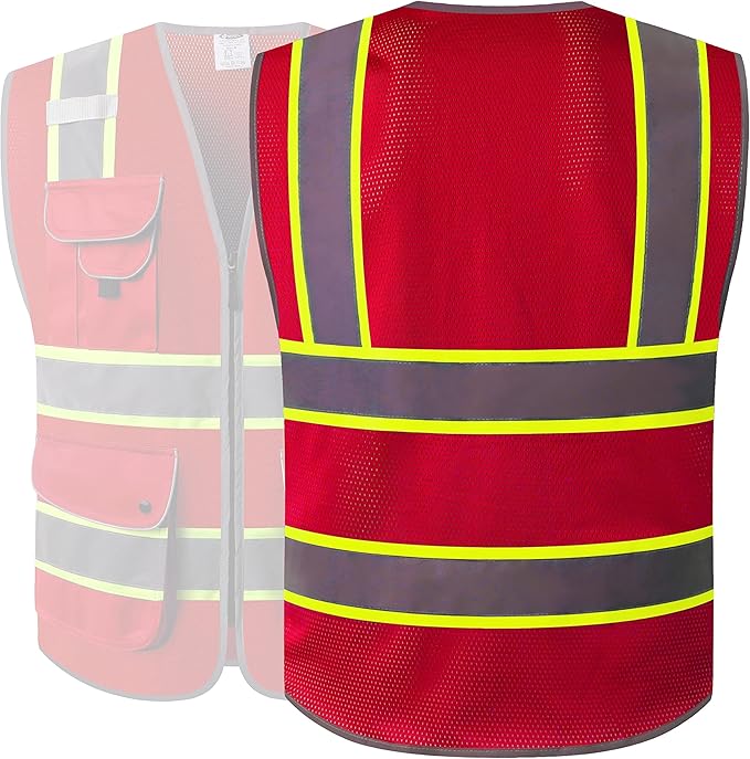 JKSafety 9 Pockets Hi-Vis Neon Red Zipper Front MESH Safety Vest with Fluorescent Yellow Extend Edge outlining the Reflective Tapes Meet ANSI/ISEA Class 2 Standard (100-Red, Medium)