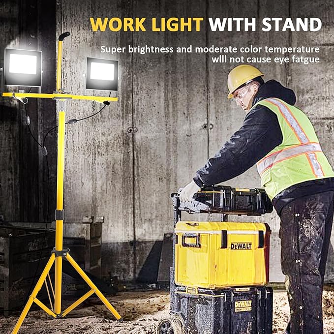 24000 Lumen Work Lights with Stand, Works Light Adjustable 2 Head Tripod Work Light IP67 Waterproof Tripod Work Light Stand