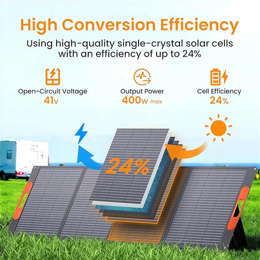 400W Foldable Solar Panel, Monocrystalline Solar Panel, Waterproof ETFE Surfaces (IP67), 24% Conversion Rate, Includes 4-in-1 MC4s Adapter Cable, Ideal for Powers Stations, RVs, Hiking, Camping