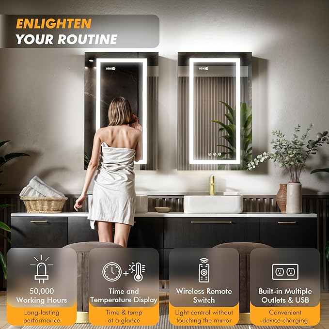 LED Lighted Medicine Cabinet Front & Backlit Dimmable Colours, Clock & Temp, USB Outlets (20 x 32)
