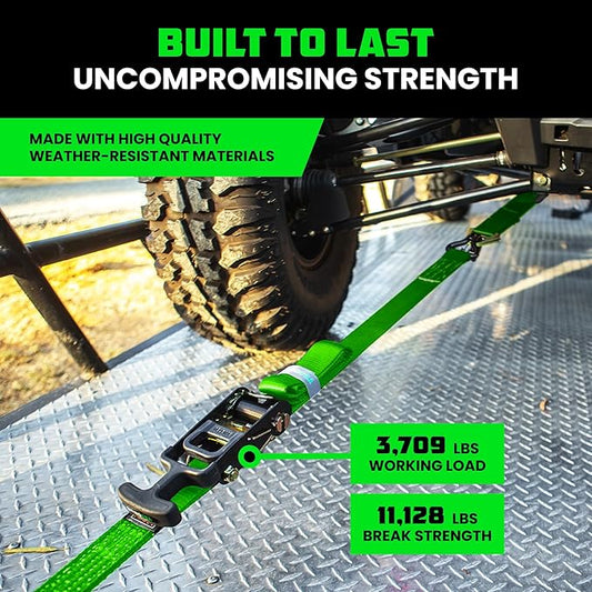 Rhino USA Car Tie Down Straps for Trailers with J Hooks (4-Pack) – 2" x8' (10,000lb Break Strength) – Heavy Duty Car Hauler Tire Straps with Axle Straps for UTV, Powersports & More – Green