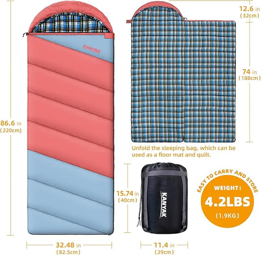 Cotton Flannel Lined Sleeping Bag for Adults Teens Kids, Cold Weather & Warm, 3 Seasons, Lightweight Compact Camping Essentials Equipment, Hiking, Outdoor, Travel