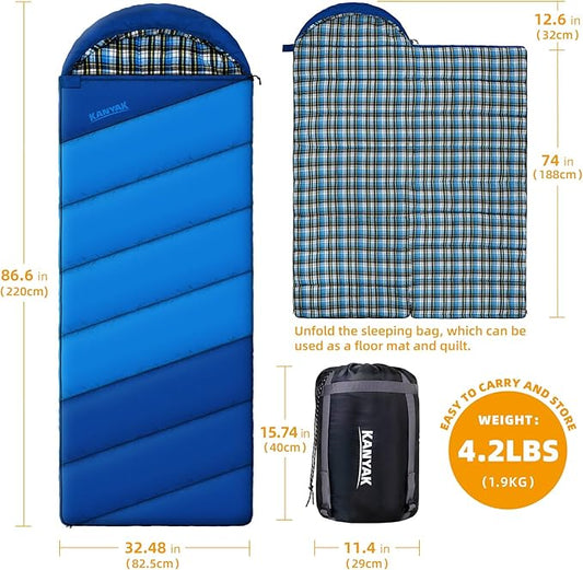 Cotton Flannel Lined Sleeping Bag for Adults Teens Kids, Cold Weather & Warm, 3 Seasons, Lightweight Compact Camping Essentials Equipment, Hiking, Outdoor, Travel