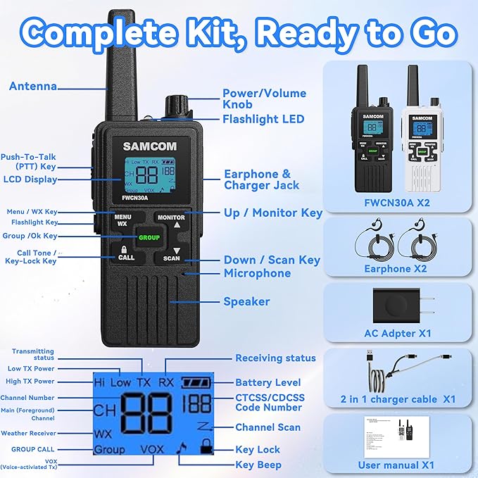 SAMCOM Group Call Walkie Talkies,FWCN30A 2 Way Radio Long Range,22 Channel FRS Radio NOAA Weather Alerts,Handheld Mini Compact Walky Talky with Type-C Charging (2 Packs)