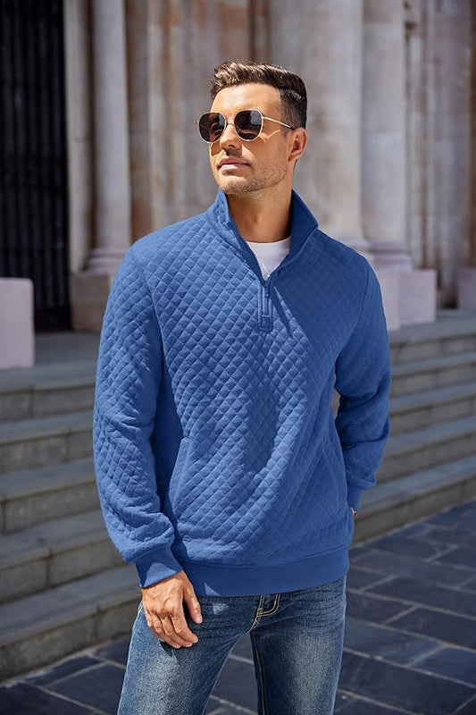 COOFANDY Mens Quarter Zip Pullover Quilted Sweatshirt Knit Long Sleeve Mock Neck Sweater Polo with Pocket