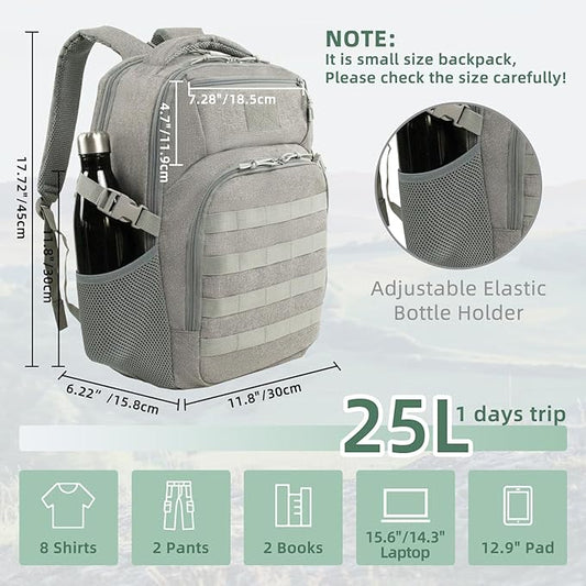Small Military Tactical Backpack for Men, Travel Hiking Backpack with Bottle Holder, 25L Laptop Backpack for Work, College Computer Bag Fits 15.6/14.3 Inch Laptop and Notebook - Gray