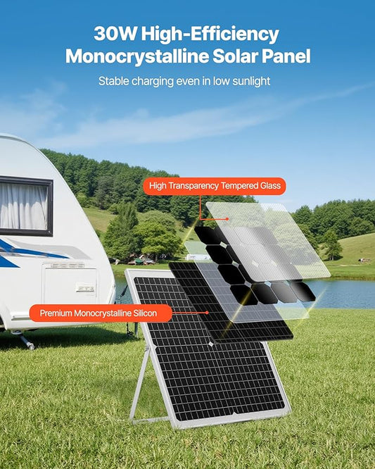 VEVOR 30W 12V Solar Panel Battery Charger, Solar Battery Trickle Charger Maintainer with Intelligent MPPT Controller & Adjustable Mount Bracket, IP67 Waterproof for Car Boat RV Motorcycle Trailer
