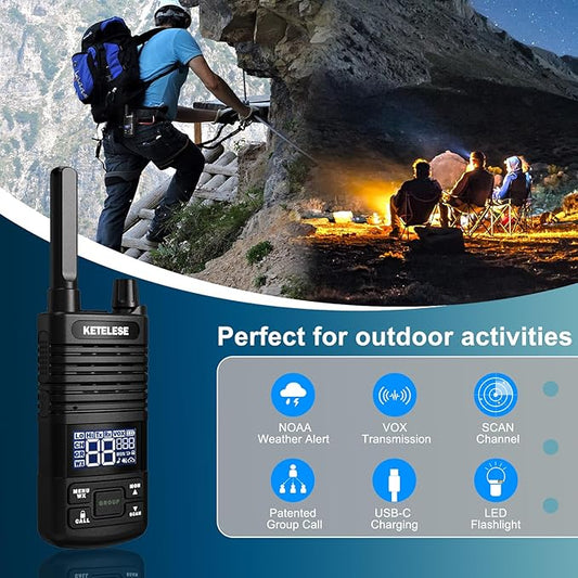 KETELESE T1 Walkie Talkies Long Range with Acoustic Tube Earpiece, Portable USB Type C FRS Two Way Radios, Rechargeable Walky Talky for Adults, NOAA, VOX for School Restaurant Church (4 Pack)