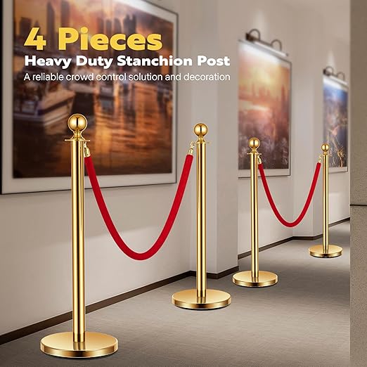 VIVOHOME Stainless Steel Stanchion Post Queue 4PCS Pole w/ 2 Red Velvet Ropes, Crowd Control Barriers w/Fillable Base for High-end Venues, Museums, Party Supplies (4 Pieces, Golden)