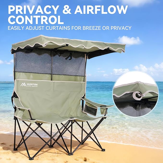 Double Camping Chair with Shade Canopy 2 Person Folding Chair with Canopy Portable Beach Chair Heavy Duty Camping Chair with Two Cup Holders and Side Pocket for Outside Camping,Beach,Sports