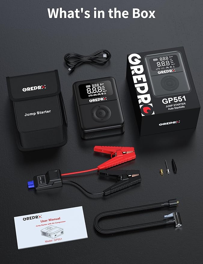 GREPRO Jump Starter with Air Compressor, 5000A Battery Jumper Starter Portable(9.0L Gas/7.0L Diesel),150PSI Tire Inflator 12V Car Battery Booster with Jumper Cables, Digital Display, LED Flashlight