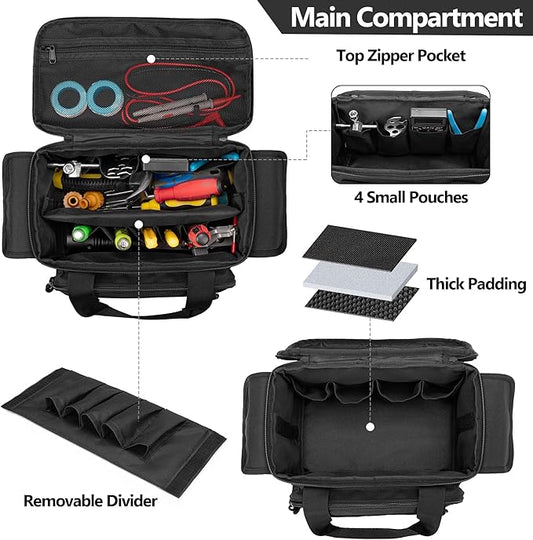 Small Tool Bag with Anti-friction and Thick Padded Bottom, Tool Storage Organizer for Men, Tactical Bag, Range Bag, Multi-functional Work Tote for Repairman, Electrician, Carpenters, Handyman