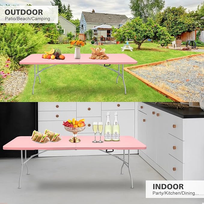 Portable 8Ft Plastic Folding Table, Heavy Duty 8ft Fold-in-Half Table with Carrying Handle, 8' Folding Utility Foldable Table for Picnic Party Camping Kitchen, Indoor/Outdoor (Pink)