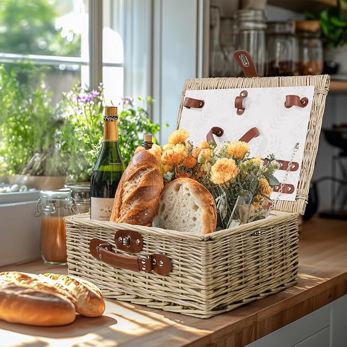 Picnic Basket for 2, Bridal Shower Gift Wedding Gifts with Mr Mrs Wine Glasses and Greeting Card, Engagement Newly Weeding Gifts for Couples 2025, Wicker Picnic Set Kit with Blanket Cooler for Beach