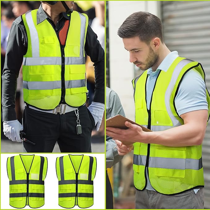 Newcotte 15 Pack Safety Vests Bulk Yellow Reflective High Visibility Vest with Mesh Pocket Zipper, Hi Vis Silver Strip for Men, Neon