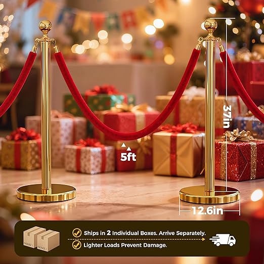 16pcs Sturdy Gold Stanchion Posts and 16pcs High Quality Red Carpet Velvet Ropes, Water/Sand/Concrete Fillable Leakproof Base, Crowd Control Barriers for Birthday, Prom, Business, Wedding