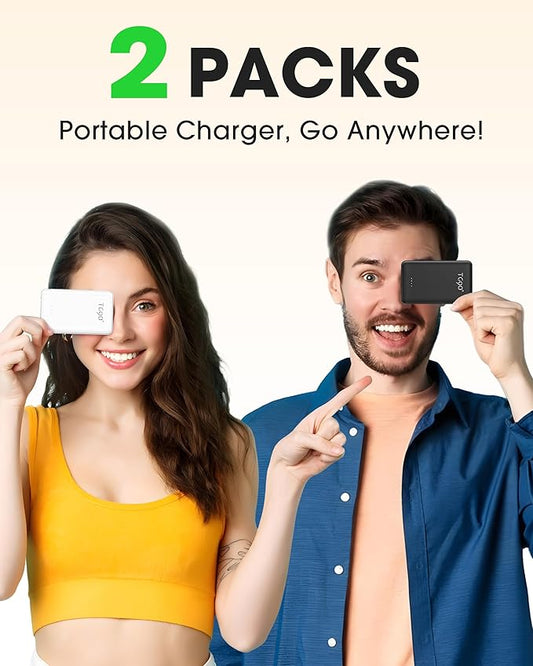 TG90° 2 Pack 5000mAh Portable Charger,Small Power Bank Built-in AC Plug and Cables,Pocket Size USB C External Battery Pack Compatible with iPhone 17 16 15 14 Samsung Google iPad,Black & White