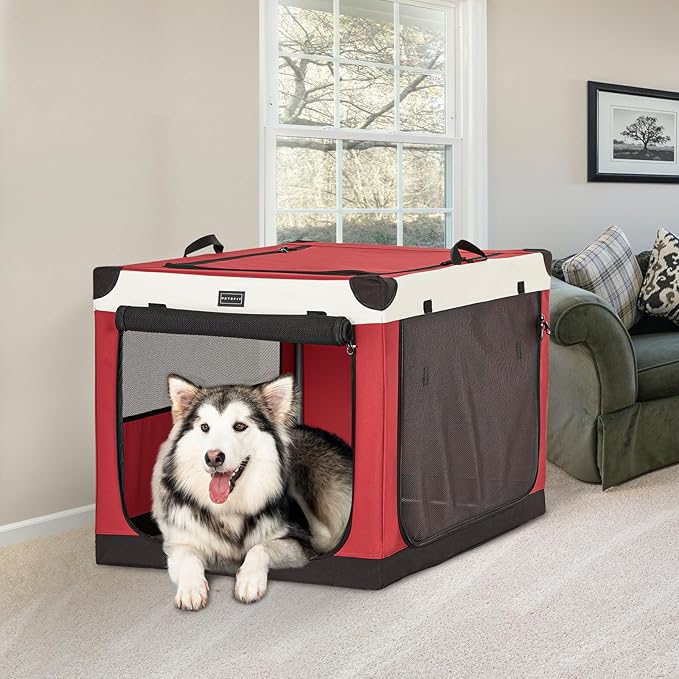 PETSFIT Collapsible Dog Crate, with Patented Adjustable Fabric Cover, Chewproof & Lockable Mesh Doors, Waterproof Base Portable Kennel Red 40 Inch