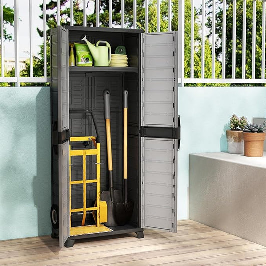 Giantex 68-inches Garage Storage Cabinet, PP Lockable Storage Shed with Doors, Freestanding Tool Locker with 3 Adjustable Shelves, Heavy-Duty Shelving Unit for Pantry, Basement, Laundry Room, Mudroom