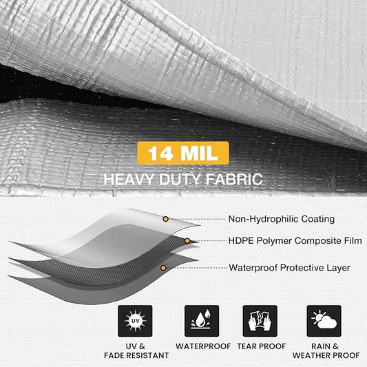 Tarp 12x12 Feet 14 Mil Heavy Duty Waterproof Tarp, Large Multipurpose Cover with Brass Grommets and Reinforced Edges, UV Resistant Thick Poly Tarps for Outdoor Camping Tent Pool Car