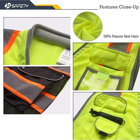JKSafety 9 Pockets Class 2 Hi-Vis Safety Vest High Visibility Reflecitive Mesh Safety Vests for Men and Women Cushioned Collar Work Utility PPE Work Gear ANSI/ISEA compliant (101-YBlack L)