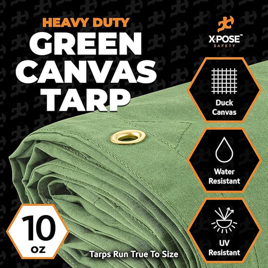Xpose Safety Canvas Tarp - 10oz Green Canvas Tarps Heavy Duty Water Resistant with Brass Grommets- Multipurpose Outdoor Tarpaulin for Camping, Canopy, Trailer, Equipment Cover 4' x 4' (2 Pack)