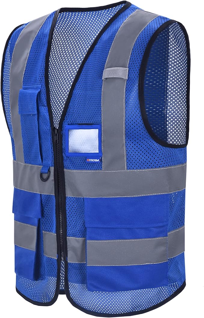 A-SAFETY High Visibility Mesh Safety Reflective Vest with Pockets and Zipper,Hi Viz Work Vest for Men Women (Blue Mesh L)