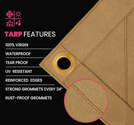 PROTARP Extreme Heavy Duty 20 OZ Water Resistant Canvas Tarp, UV Resistant Tarpaulin Cover with Rustproof Brass Grommets, Multipurpose for Canopy, Roof, Camping, Woodpile (Tan 20'X20')