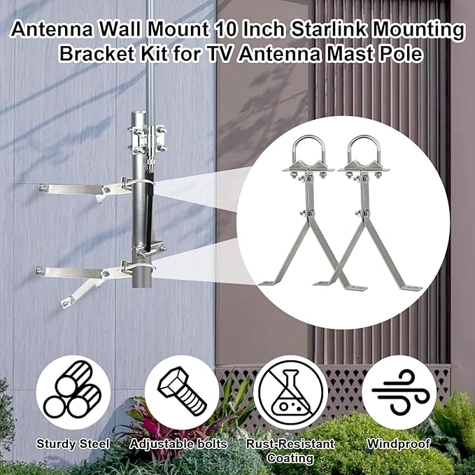 XRDS-RF Antenna Wall Mount 10 Inch Heavy-Duty Stand Off Wall Mast Mount Windproof Mounting Bracket for TV Mast (2-Leg + 2-Leg)