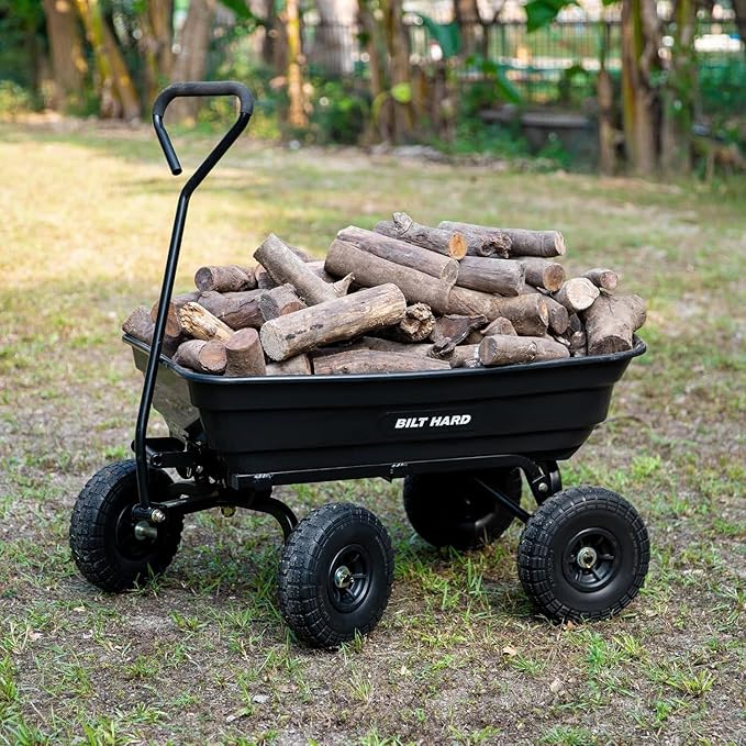 BILT HARD 4 Cu.Ft. 10" No-Flat Tires Poly Yard Dump Cart with 180° Rotating Handle, 600 lbs Capacity Heavy Duty Garden Carts and Wagons