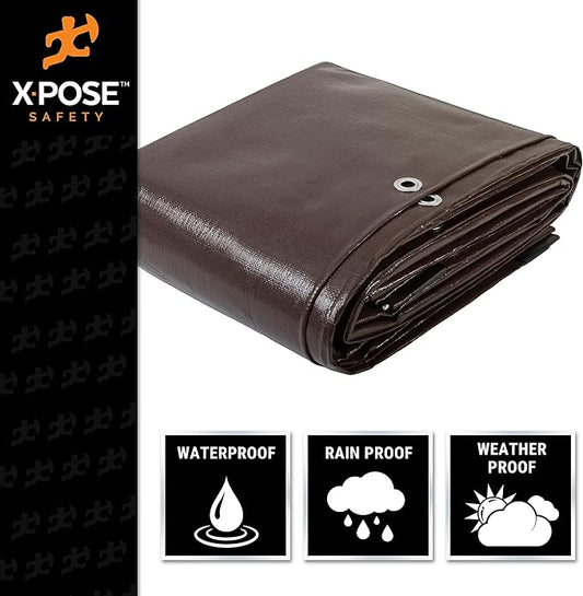 15' x 15' Super Heavy Duty 16 Mil Brown Poly Tarp Cover - Thick Waterproof, UV Resistant, Rip and Tear Proof Tarpaulin with Grommets and Reinforced Edges - by Xpose Safety