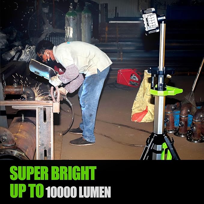 Cordless 10000LM Heavy-Duty LED Work Light on Stand, 4 Modes Super Bright, 9000mAh Rechargeable Work Light with Folding Tripod, Multi-Angle Lighting for Jobsite, Camping, Automotive
