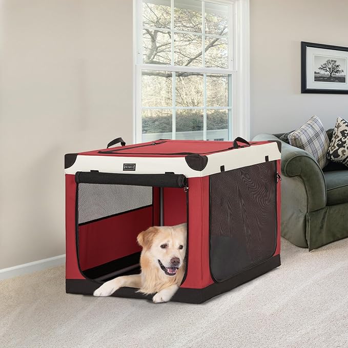 PETSFIT Soft Dog Crate, with Patented Adjustable Fabric Cover, Chewproof & Lockable Mesh Doors, Waterproof Base Portable Kennel Red 36 Inch