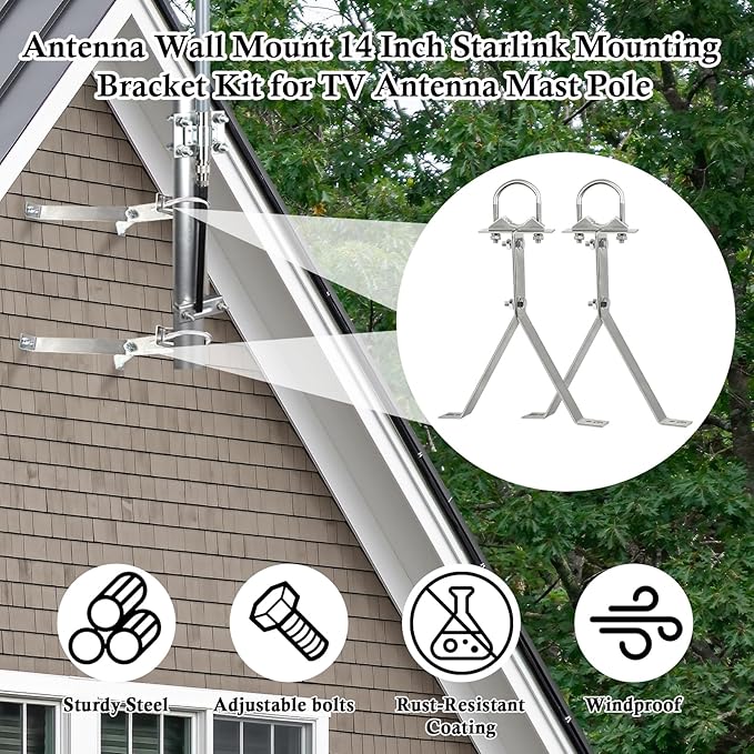 XRDS-RF Antenna Wall Mount 14 Inch Heavy-Duty Stand Off Wall Mast Mount Windproof Antenna Mounting Bracket for TV Antenna Mast (2-Leg + 2-Leg)